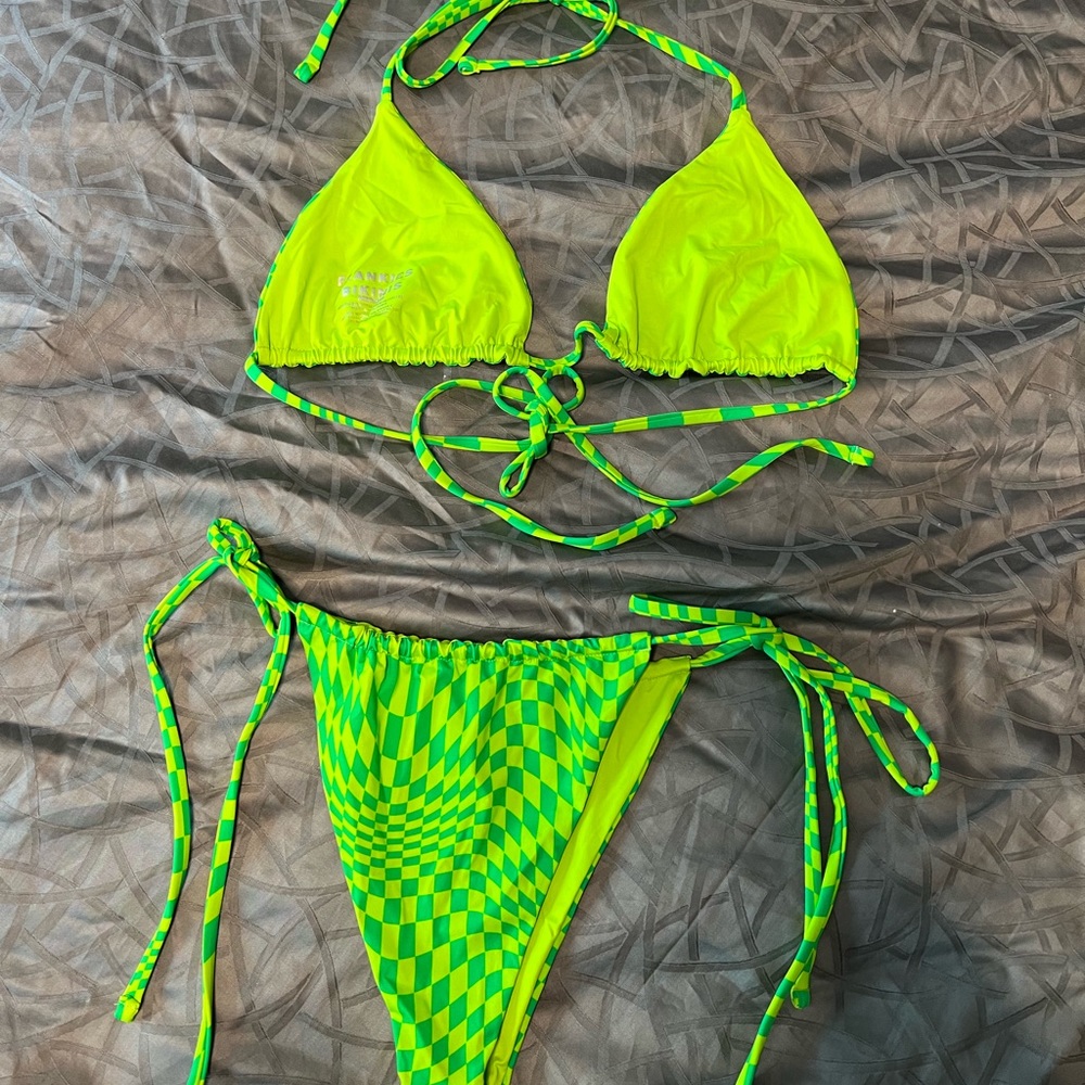 Frankies bikinis neon green checkered triangle bathing suit